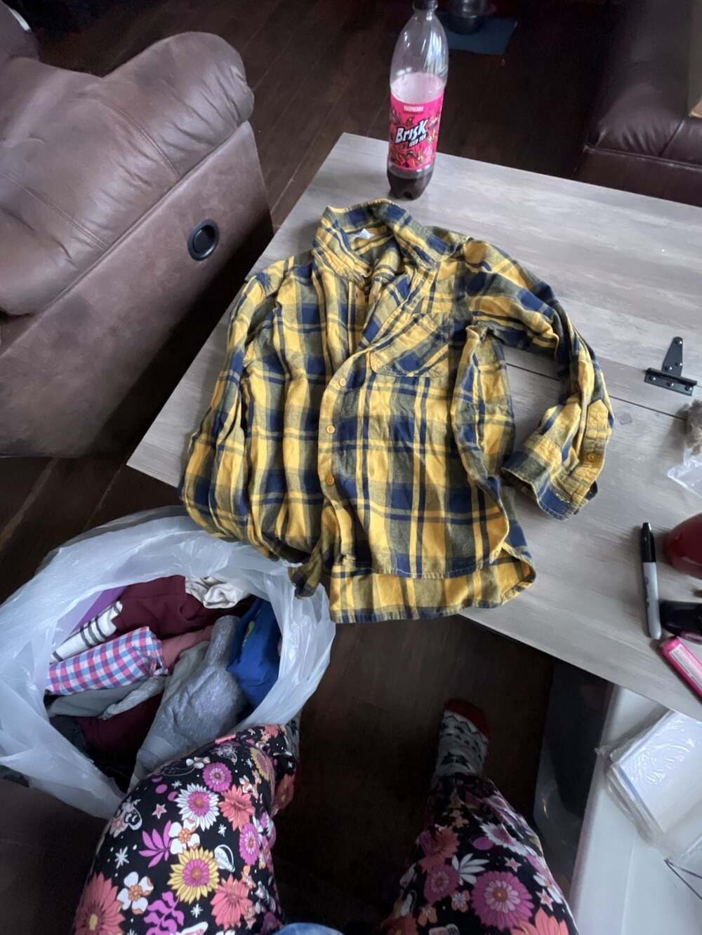 #D1 Time And Tru Plaid Flannel Shirt Size L (12-14) Yellow Blue